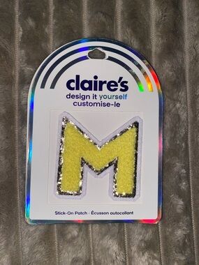 Claire's Yellow Chenille 'M' Patch with Silver Sequin Trim